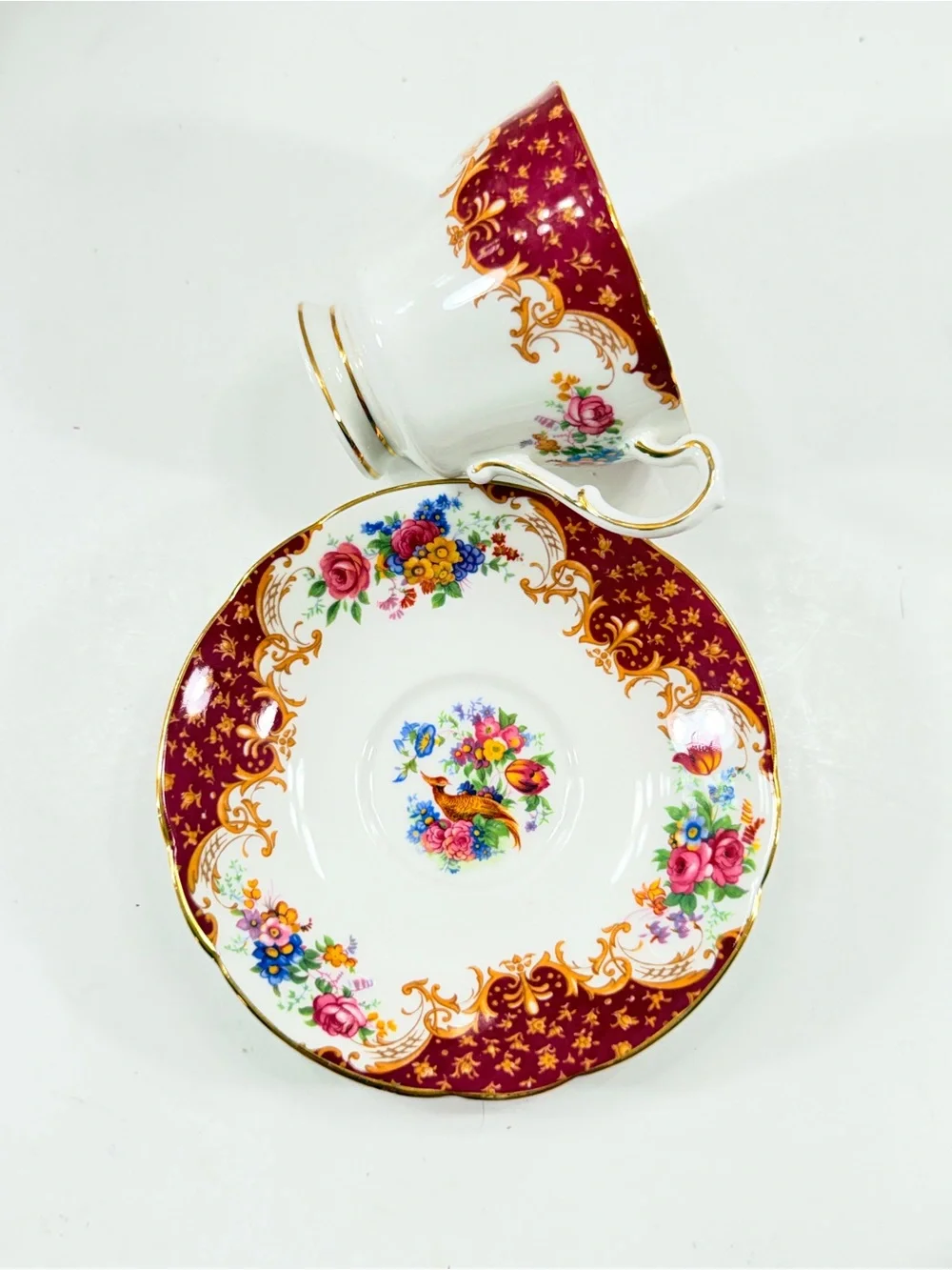 Vintage Paragon Rockingham Fine Bone China Tea Cup & Saucer Set Red Flower Bird